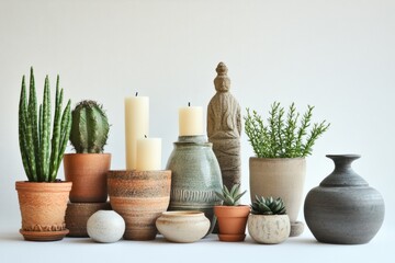 Poster - Discover a curated arrangement of home decor items featuring beautiful vases, candles, and plants, creating a serene and modern atmosphere. Generative AI