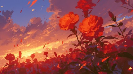 Wall Mural - an otherworldly prairie of massive glowing carnations their voluminous blooms radiating an otherworl