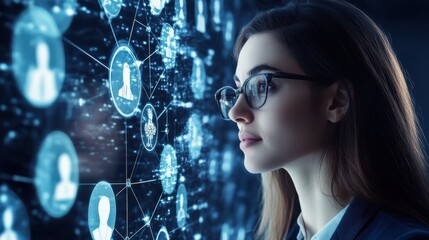 Poster - The concept of remote work, social networking, global business, telecommuting, and telecommunication. A businesswoman with her colleagues or colleagues working remotely.