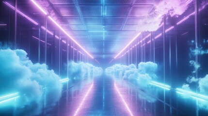 Poster - The future of digital information technology web holograms with clouds, stock image
