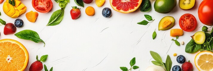 Aufkleber - Vibrant arrangement of assorted fresh fruits and vegetables showcases natural colors and textures, perfect for healthy meal ideas. Generative AI