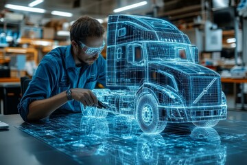  Engineer designing truck hologram in high-tech workshop for future transportation development innovation