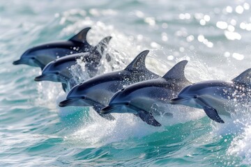 Aufkleber - Dolphins leap gracefully above the water in a spectacular display of agility on a sunny day