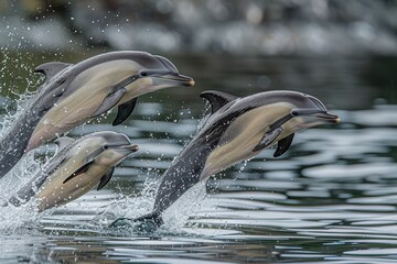Aufkleber - Dolphins leap gracefully above the water in a spectacular display of agility on a sunny day