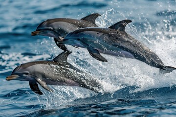 Aufkleber - Dolphins leap gracefully above the water in a spectacular display of agility on a sunny day