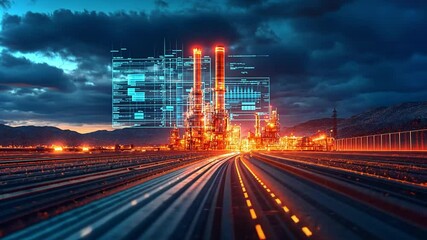 Poster - industrial facility with digital overlay at dusk showcasing advanced technology and operations
