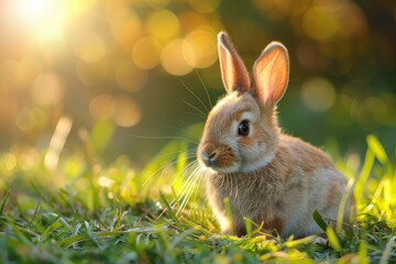 Poster - Cute rabbit sitting on green grass in a sunlit meadow during springtime, surrounded by vibrant flowers and soft sunlight