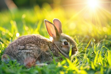 Poster - Cute rabbit sitting on green grass in a sunlit meadow during springtime, surrounded by vibrant flowers and soft sunlight