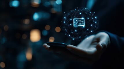 Poster - With icon network connection, shopping, and mobile payment online, a businessman holds a modern virtual interface banking in hand.