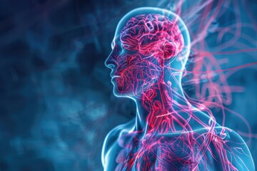 Poster - Detailed illustration of the human nervous system demonstrating brain and nerve connections in vibrant colors and luminous effects