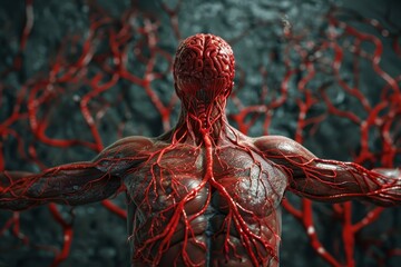 Poster - Detailed illustration of the human nervous system demonstrating brain and nerve connections in vibrant colors and luminous effects