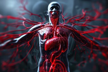 Poster - Detailed illustration of the human nervous system demonstrating brain and nerve connections in vibrant colors and luminous effects
