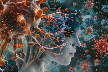 Poster - Visualization of the human immune system response to viral infections showcasing virus particles interacting with cells