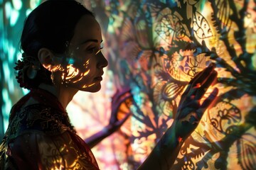 Fototapete - Interactive art exhibition featuring vibrant projections in a modern gallery space during the evening hours