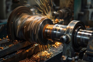 Aufkleber - Precision machining process in a workshop showcasing metalworking skills near a lathe with coolant splashing around