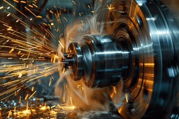 Aufkleber - Precision machining process in a workshop showcasing metalworking skills near a lathe with coolant splashing around