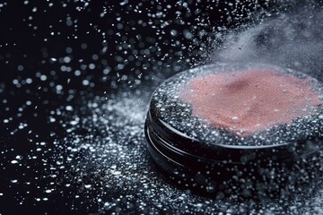 Poster - Cosmetic powder bursting from container with shimmering particles in a dark setting creating a dramatic effect