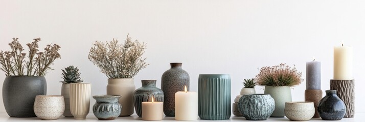 Aufkleber - A stylish arrangement of vases, candles, and small plants showcases modern home decor ideas on a clean white background, perfect for inspiration. Generative AI