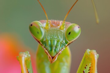 Aufkleber - Close-up view of a vibrant green praying mantis revealing intricate details of its head and eyes in a natural setting during daylight hours