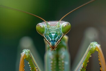 Aufkleber - Close-up view of a vibrant green praying mantis revealing intricate details of its head and eyes in a natural setting during daylight hours