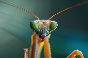 Aufkleber - Close-up view of a vibrant green praying mantis revealing intricate details of its head and eyes in a natural setting during daylight hours