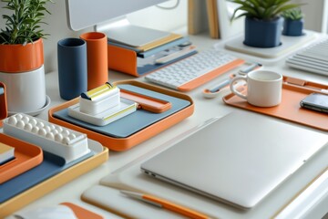 Poster - Desk organized with modern stationery and plant elements creating a vibrant workspace atmosphere