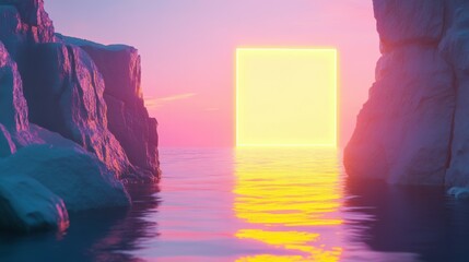 Canvas Print - seascape with cliffs, water and yellow neon square geometric shape. Modern minimal abstract background. Spiritual zen wallpaper with sunset or sunrise light