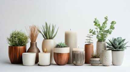 Poster - Decorative home items are beautifully arranged featuring vases, candles, and plants on a bright white backdrop, creating a serene atmosphere. Generative AI