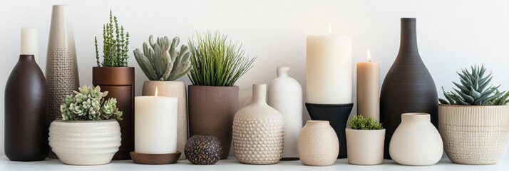 Aufkleber - A curated collection of vases, candles, and small plants showcases stylish home decor elements set against a clean white background. Generative AI