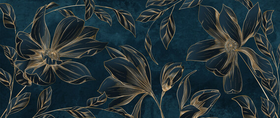 Wall Mural - art background with magnolia flowers on a branch hand drawn in gold line art style. floral banner fo