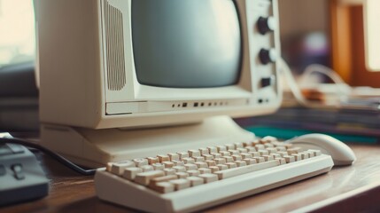 Fototapete - Old, white, desktop PC computer with a keyboard and mouse 