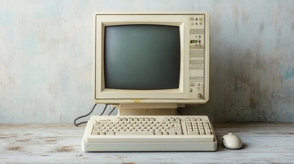 Fototapete - Old, white, desktop PC computer with a keyboard and mouse 
