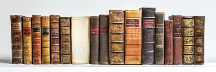 Poster - A collection of vintage books lined up in order, showcasing different genres against a bright white background. Generative AI