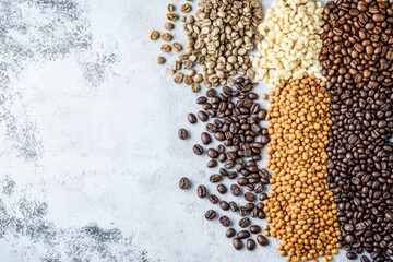Poster - Various types of coffee beans are spread out on a white surface, with a blank area on the right perfect for additional information. Generative AI