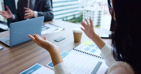 Aufkleber - Hands, business people and presentation with documents, pitch and discussion for meeting in Japan. Group, technology and communication for brainstorming, project and teamwork for company proposal