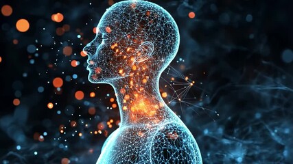 Fototapete - A glowing digital representation of a human silhouette with vibrant particles in a dark background
