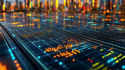 Poster - Digital financial charts displaying data trends in an urban skyline setting