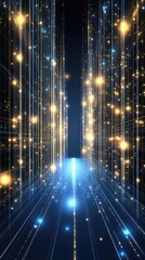 Poster - Abstract visual showcases glowing data lines combined with light particles, emphasizing big data technology in vibrant orange and yellow tones
