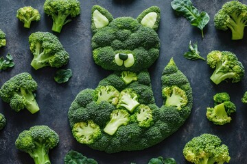 Wall Mural - Top view of broccoli pieces arranged in the shape of a cute cat, surrounded by more green vegetables on a dark background. Concept for healthy children's food, with copy space.