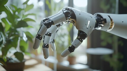 Wall Mural - Close-up of a robotic hand gently reaching towards plants.