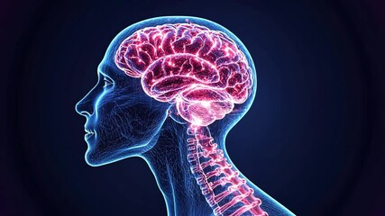 Poster - Detailed visualization of the human brain and spinal cord anatomy against a dark background