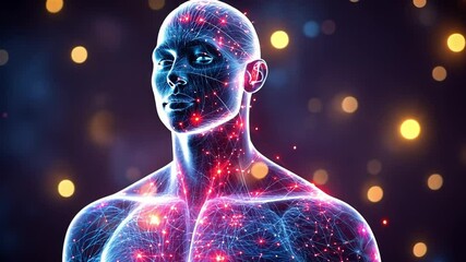Poster - A futuristic digital illustration of a human silhouette with glowing neural connections and stars