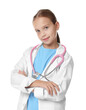 © New Africa - Girl with stethoscope pretending to be doctor on white background. Dreaming of future profession