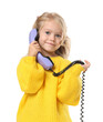 © New Africa - Cute little girl with handset of telephone on white background