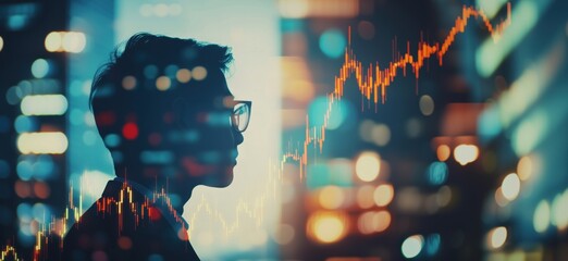 Poster - Silhouette of businessman against financial graph, cityscape background, stock market analysis, investment concept, copy space for text