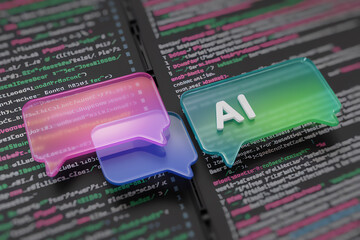 Colorful chat bubbles over a digital code background illustrating AI communication technology and software development concepts