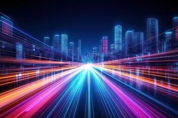 Poster - Futuristic city night view. Speed light trails on road with skyscrapers. Vivid neon lights. Advanced tech city landscape. Fast movement concept. High speed. Virtual reality. Modern. Future. Digital.