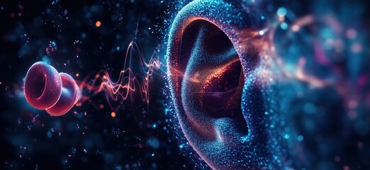 Poster - Abstract ear with sound waves and particles, visualizing auditory perception and sound transmission, copy space for text