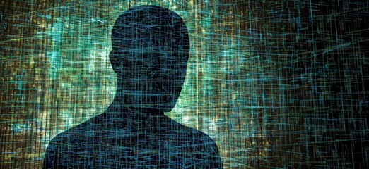 Poster - Digital silhouette with data streams, abstract representation of technology and identity, glowing lines and patterns, futuristic concept, copy space for text
