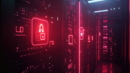 Poster - Futuristic Data Center with Neon Red Lights and Security Symbols